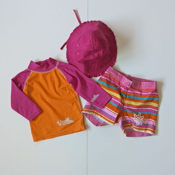 UV Skinz Rash Guard Swim Shorts and Hat Bundle Toddler Girl 12-24 Months